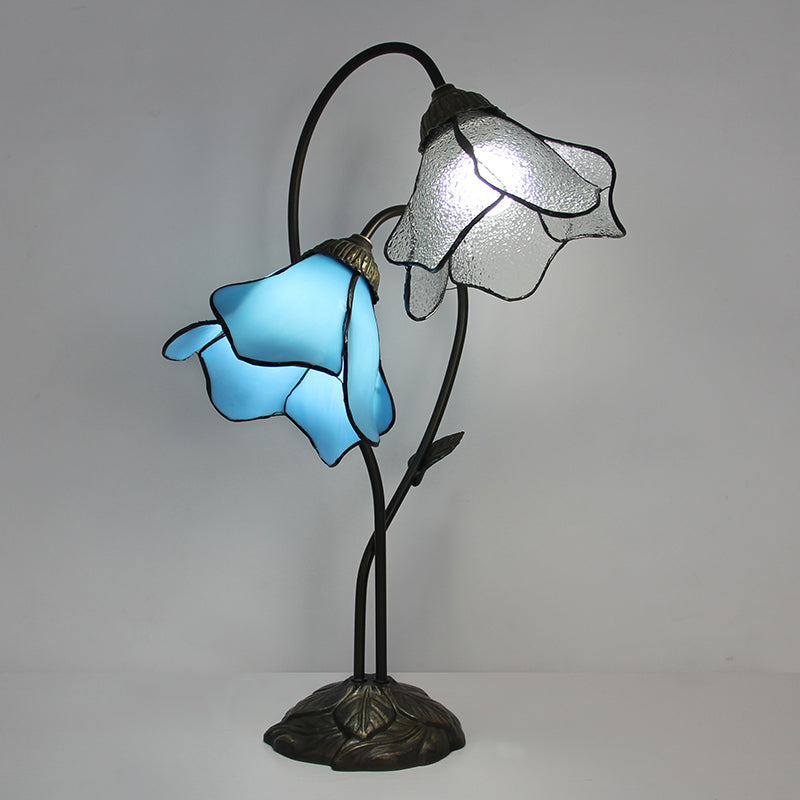 Tiffany Style Double Bloom Table Lamp, Stained Glass Floral Accent Lamp for Bedroom, Living Room & Home Decor, Vintage Decorative Gift