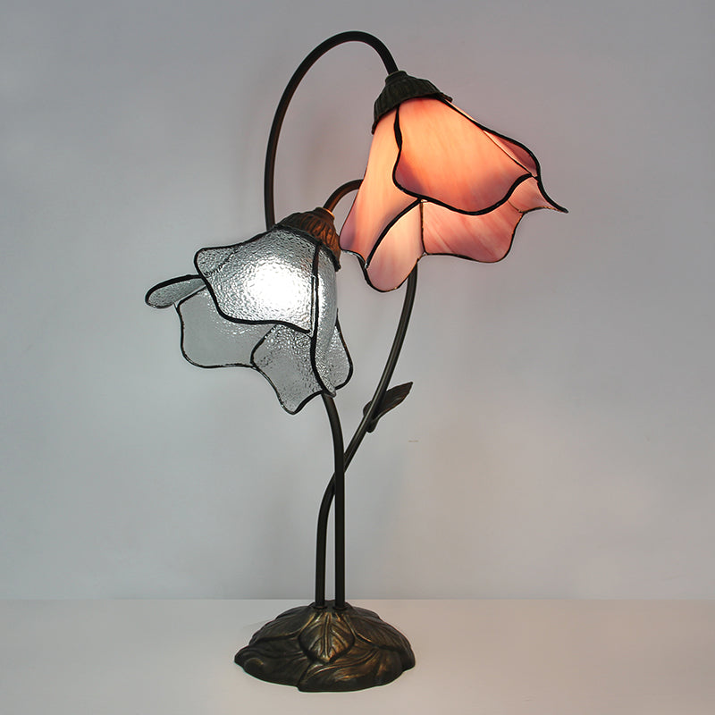 Tiffany Style Double Bloom Table Lamp, Stained Glass Floral Accent Lamp for Bedroom, Living Room & Home Decor, Vintage Decorative Gift