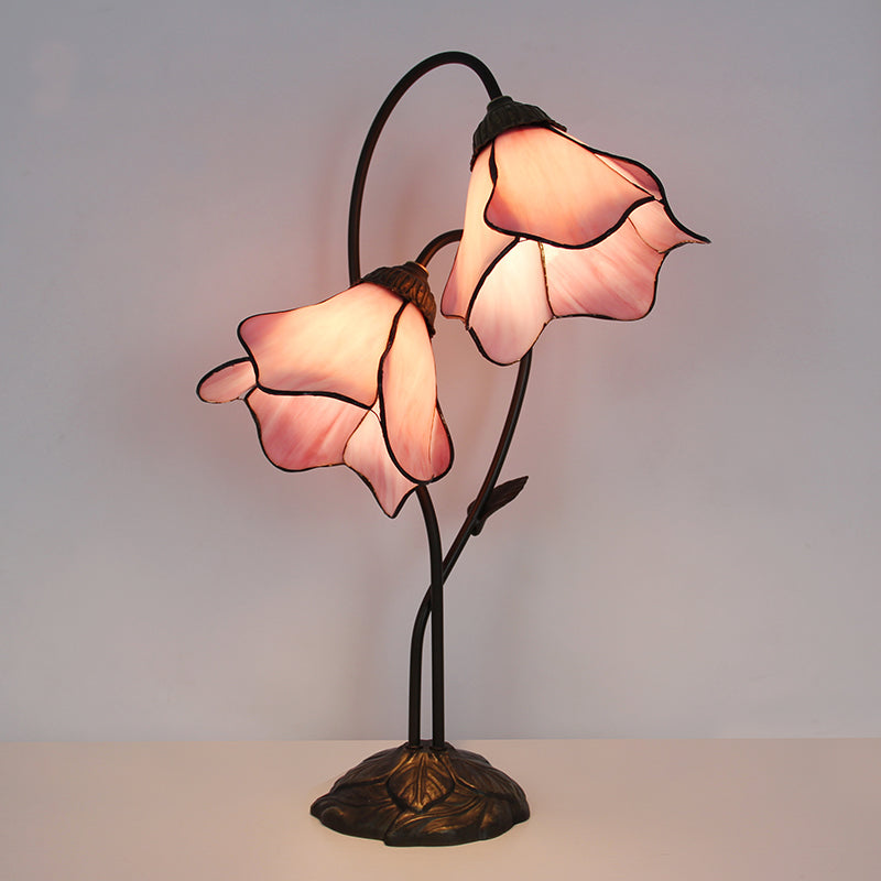Tiffany Style Double Bloom Table Lamp, Stained Glass Floral Accent Lamp for Bedroom, Living Room & Home Decor, Vintage Decorative Gift