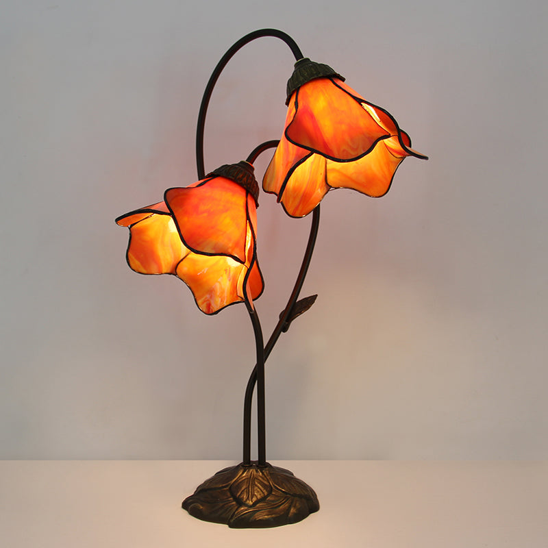 Tiffany Style Double Bloom Table Lamp, Stained Glass Floral Accent Lamp for Bedroom, Living Room & Home Decor, Vintage Decorative Gift