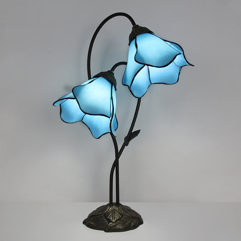 Tiffany Style Double Bloom Table Lamp, Stained Glass Floral Accent Lamp for Bedroom, Living Room & Home Decor, Vintage Decorative Gift