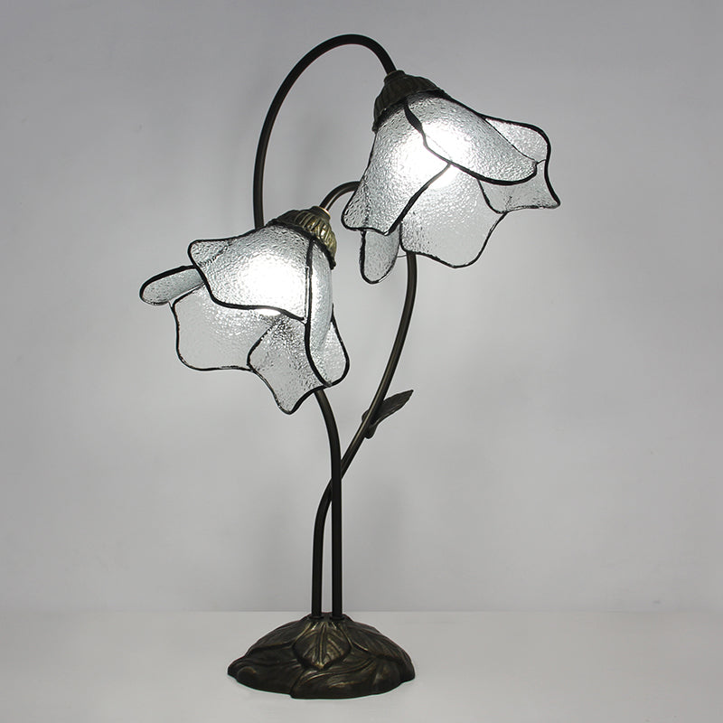 Tiffany Style Double Bloom Table Lamp, Stained Glass Floral Accent Lamp for Bedroom, Living Room & Home Decor, Vintage Decorative Gift