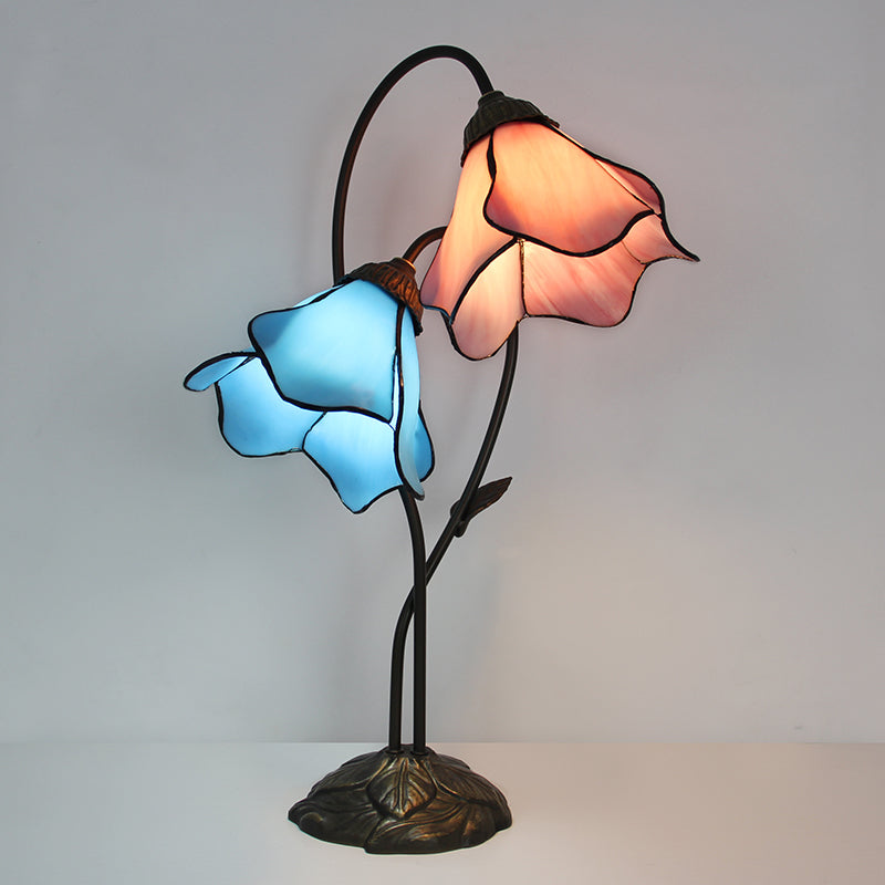 Tiffany Style Double Bloom Table Lamp, Stained Glass Floral Accent Lamp for Bedroom, Living Room & Home Decor, Vintage Decorative Gift