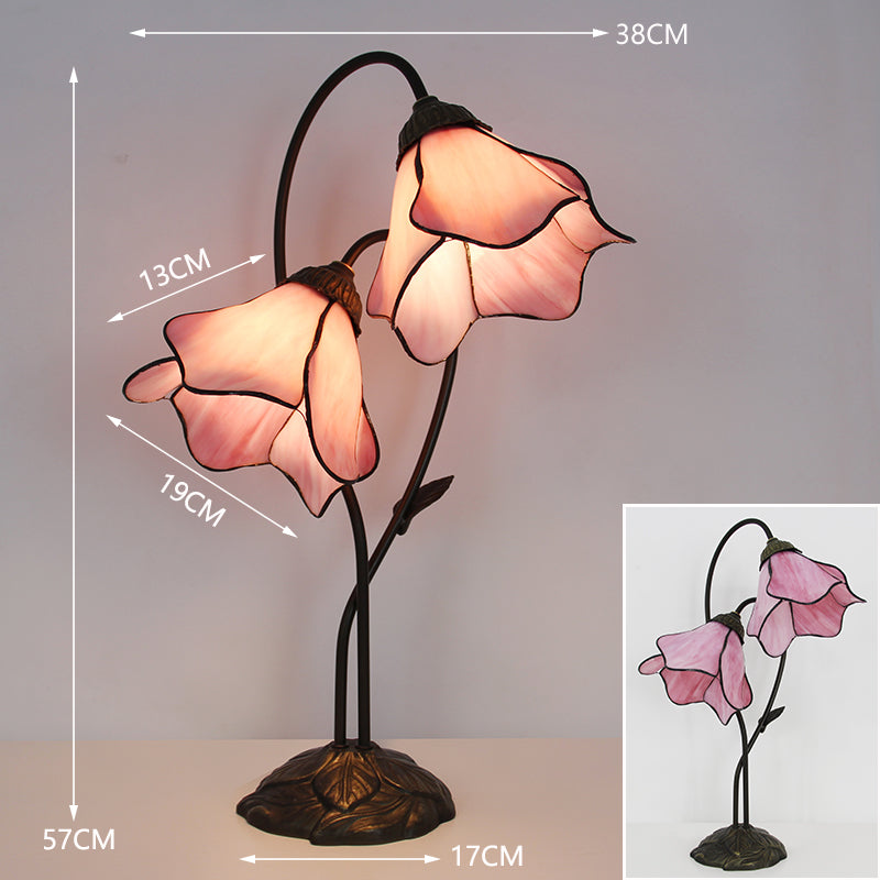 Tiffany Style Double Bloom Table Lamp, Stained Glass Floral Accent Lamp for Bedroom, Living Room & Home Decor, Vintage Decorative Gift
