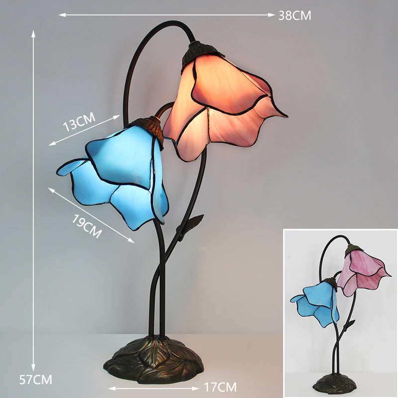 Tiffany Style Double Bloom Table Lamp, Stained Glass Floral Accent Lamp for Bedroom, Living Room & Home Decor, Vintage Decorative Gift