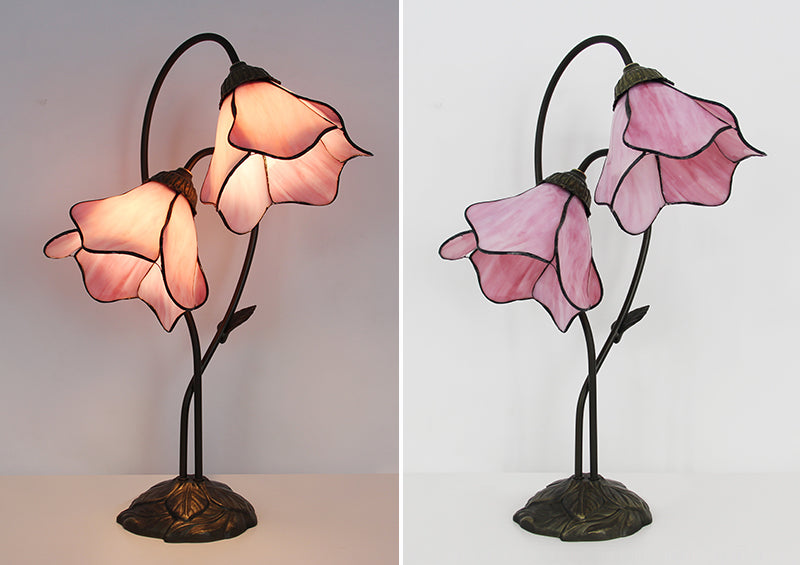 Tiffany Style Double Bloom Table Lamp, Stained Glass Floral Accent Lamp for Bedroom, Living Room & Home Decor, Vintage Decorative Gift