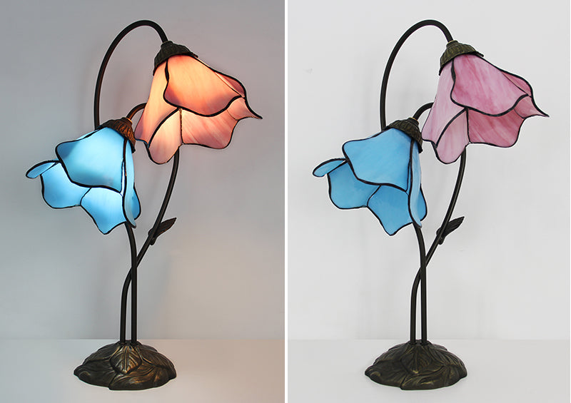 Tiffany Style Double Bloom Table Lamp, Stained Glass Floral Accent Lamp for Bedroom, Living Room & Home Decor, Vintage Decorative Gift