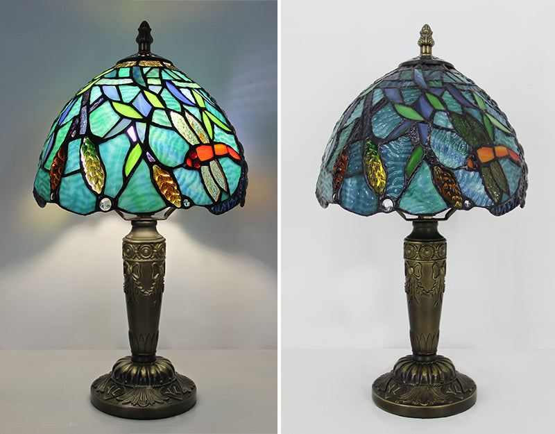 Tiffany Style Table Lamp, Nature Stained Glass Lamp, Vintage Decorative Lighting with Peacock, Dragonfly & Floral Designs for Home, Cafe & Restaurant, 1 Pack & 2 Pack