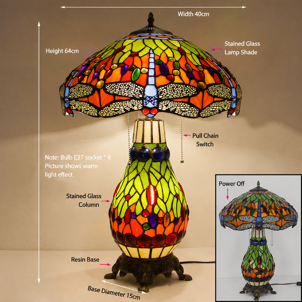 Tiffany Style Table Lamp Set, Dragonfly Stained Glass Lamps, European Vintage Decorative Lighting with Matching Large & Small Lamps for Living Room, Bedroom & Home Decor, 1 Pack