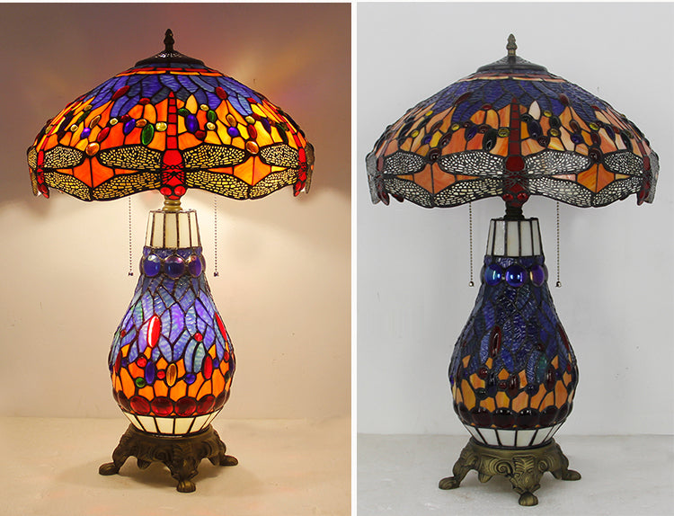 Tiffany Style Table Lamp Set, Dragonfly Stained Glass Lamps, European Vintage Decorative Lighting with Matching Large & Small Lamps for Living Room, Bedroom & Home Decor, 1 Pack