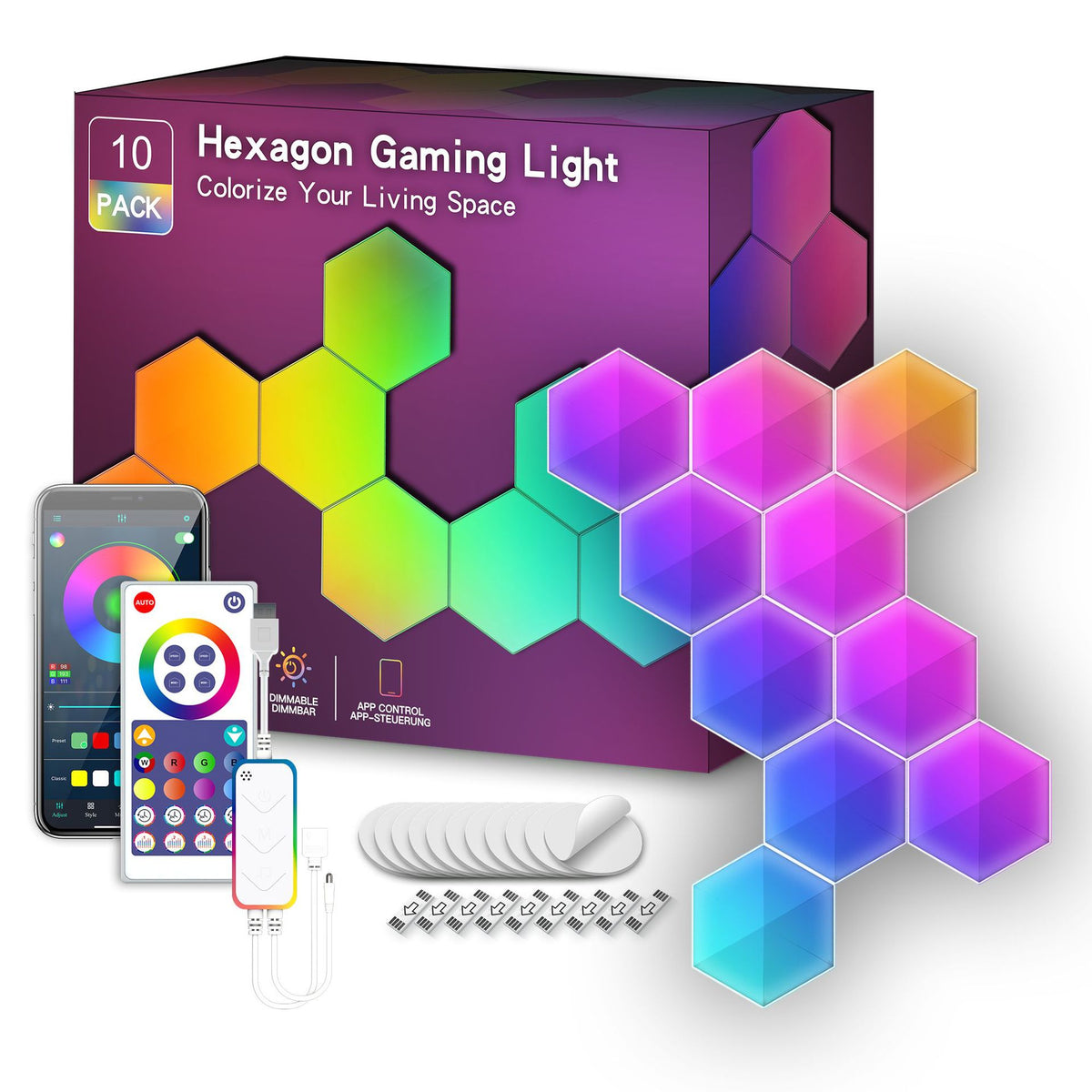 Smart Hexagon RGBIC Wall Light, App Controlled Modular LED Gaming Light with Music Sync Color Changing Ambient Lighting for Bedroom, Gaming Room & Home Decor, 6/8/10/20 Pack