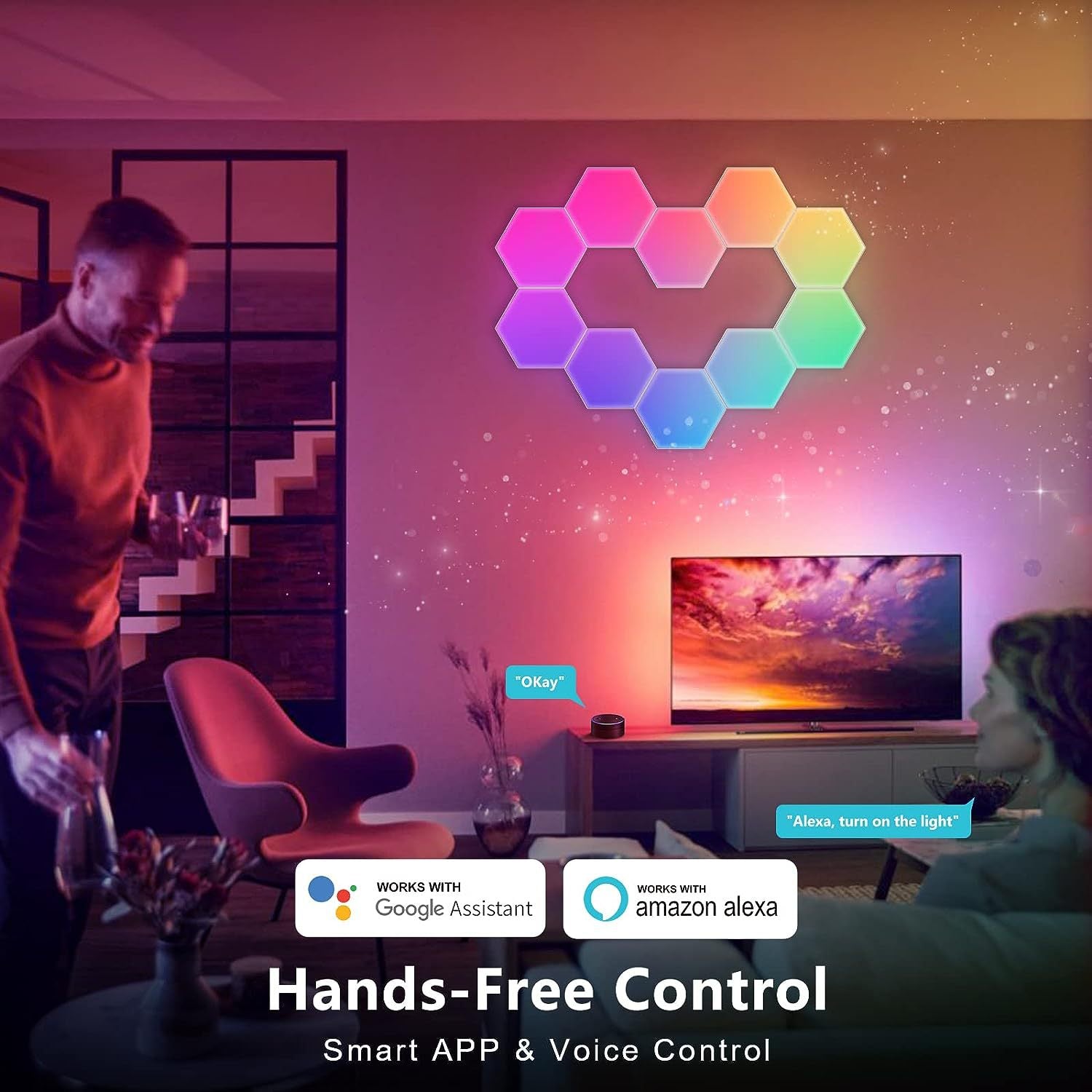 Smart Hexagon RGBIC Wall Light, App Controlled Modular LED Gaming Light with Music Sync Color Changing Ambient Lighting for Bedroom, Gaming Room & Home Decor, 6/8/10/20 Pack