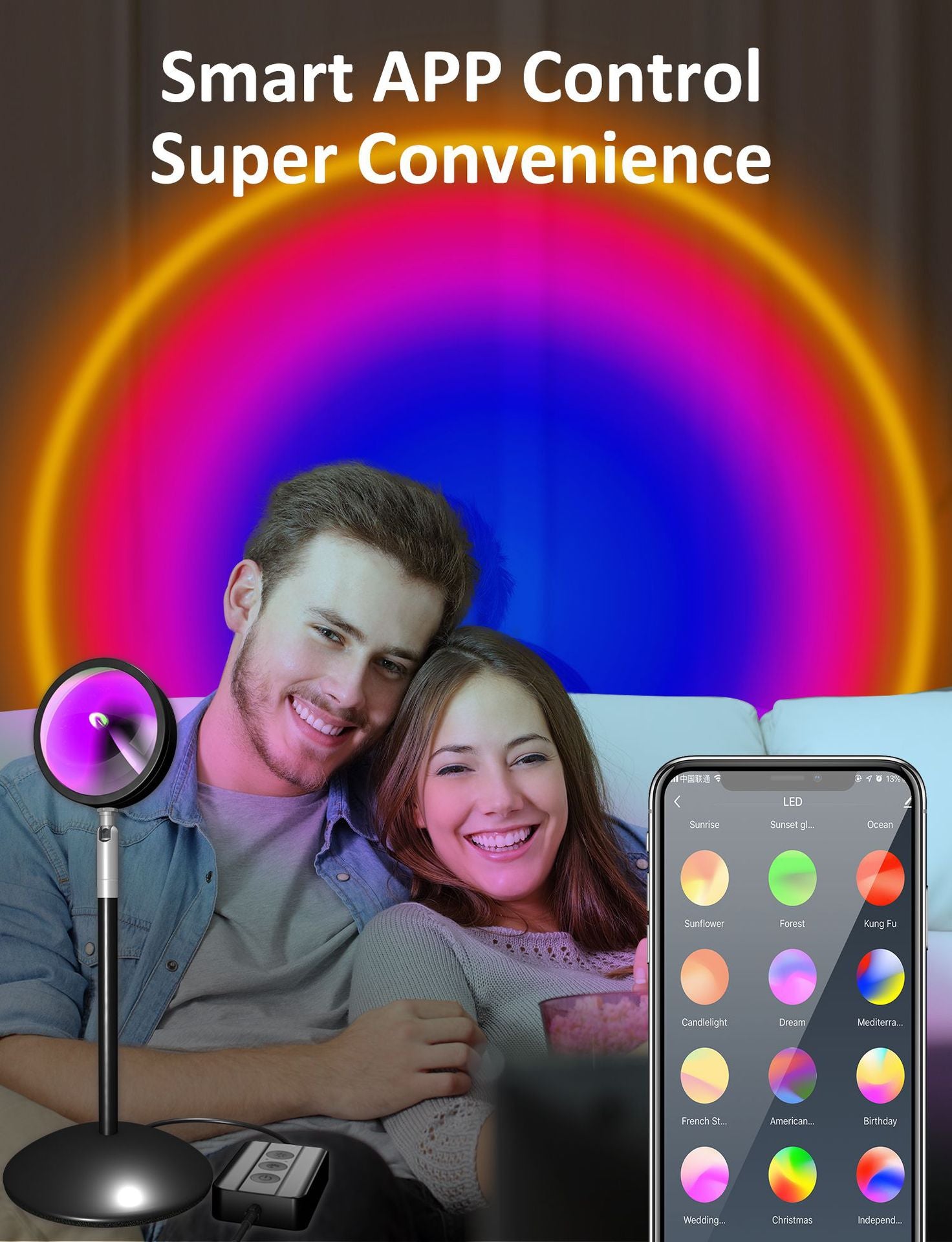 Smart RGB Sunset Lamp, App Controlled LED Projection Light with Color Changing Ambient Lighting, Music Sync Mood Lamp for Bedroom, Gaming Room & Home Decor, 1 Pack