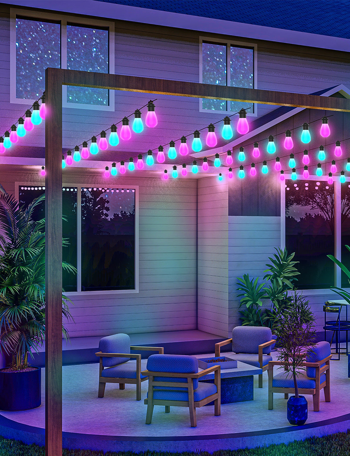 Smart RGB Outdoor String Lights, App Controlled LED Patio Lights with Color Changing Ambient Lighting, Music Sync Waterproof Garden Lights for Outdoor Party, Balcony & Home Decor