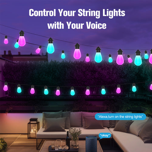 Smart RGB Outdoor String Lights, App Controlled LED Patio Lights with Color Changing Ambient Lighting, Music Sync Waterproof Garden Lights for Outdoor Party, Balcony & Home Decor
