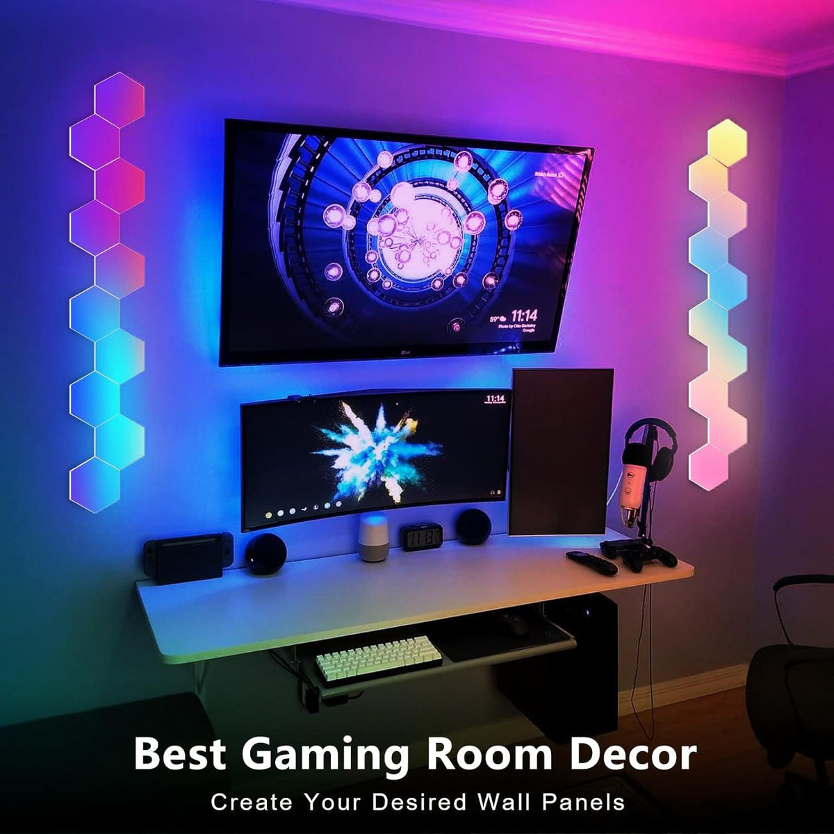Smart Hexagon RGBIC Wall Light, App Controlled Modular LED Gaming Light with Music Sync Color Changing Ambient Lighting for Bedroom, Gaming Room & Home Decor, 6/8/10/20 Pack