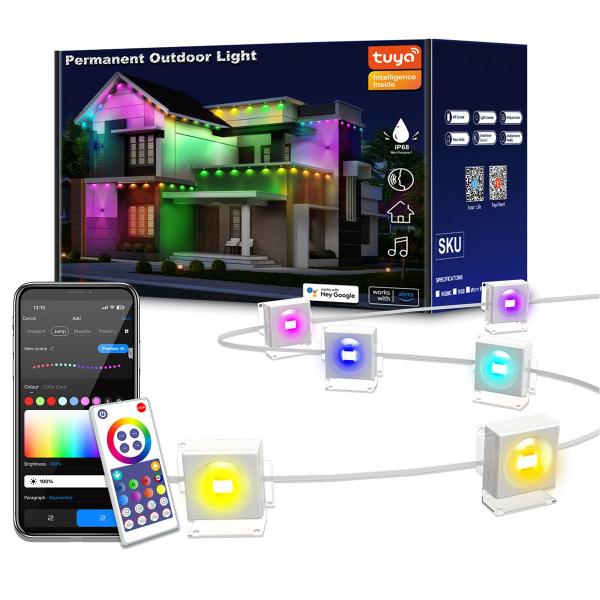Smart RGBIC Outdoor Eave Lights, App Controlled Permanent LED Roofline Lights with Color Changing Ambient Lighting for Home Exterior, Garden & Holiday Decoration