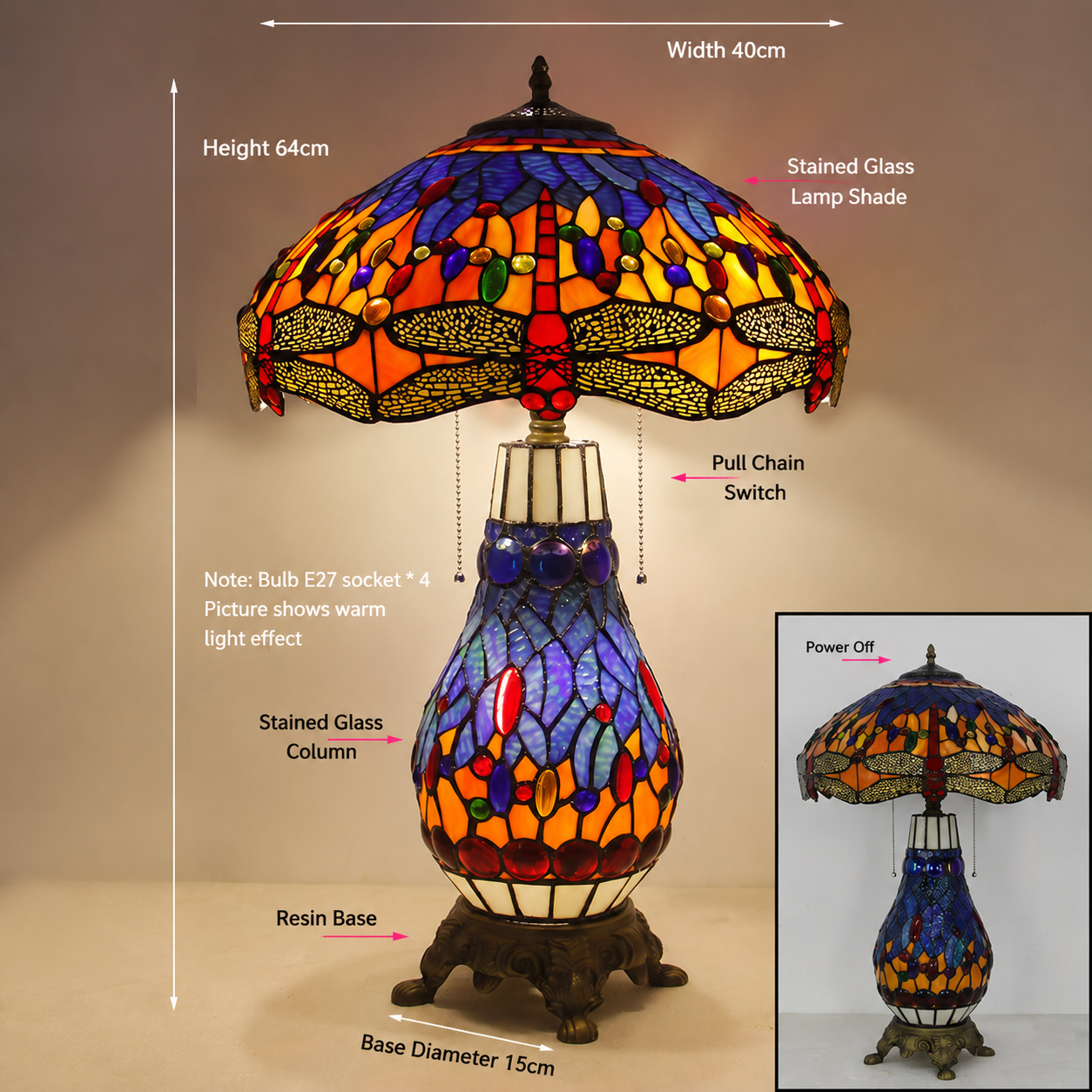 Tiffany Style Table Lamp Set, Dragonfly Stained Glass Lamps, European Vintage Decorative Lighting with Matching Large & Small Lamps for Living Room, Bedroom & Home Decor, 1 Pack